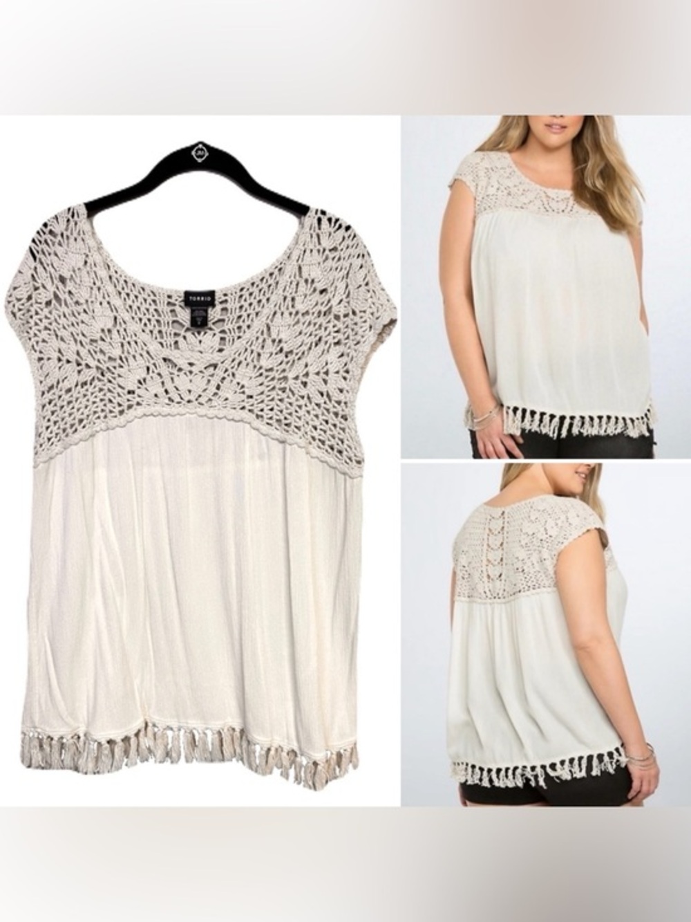 Torrid Crochet Gauze Top Fringe Tassels Boho Beach Cream/Beige Sheer Sz Large